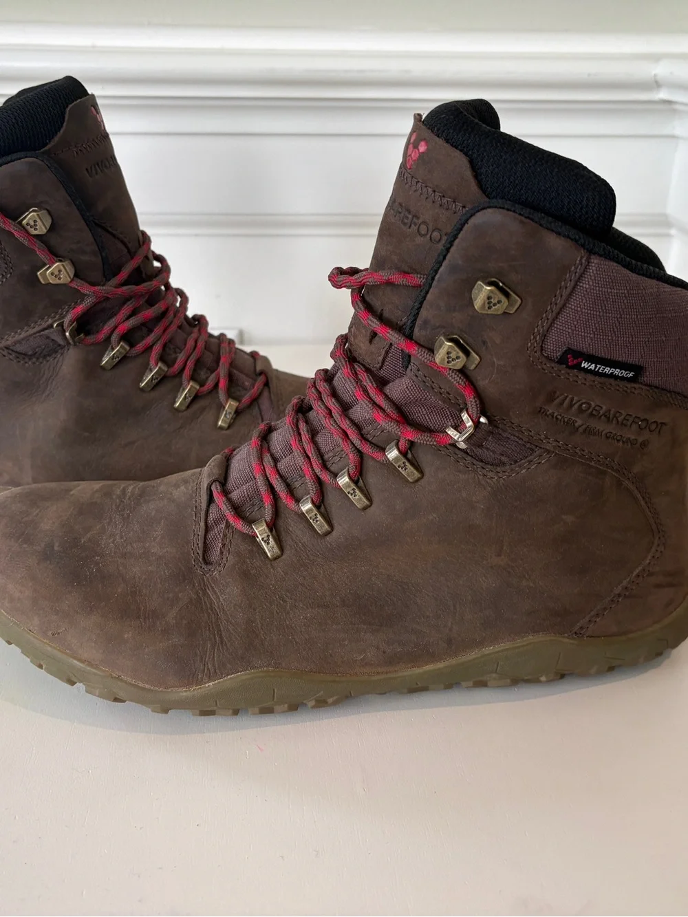 Vivo barefoot Men’s Brown Leather Hiking Boots with Red Accents